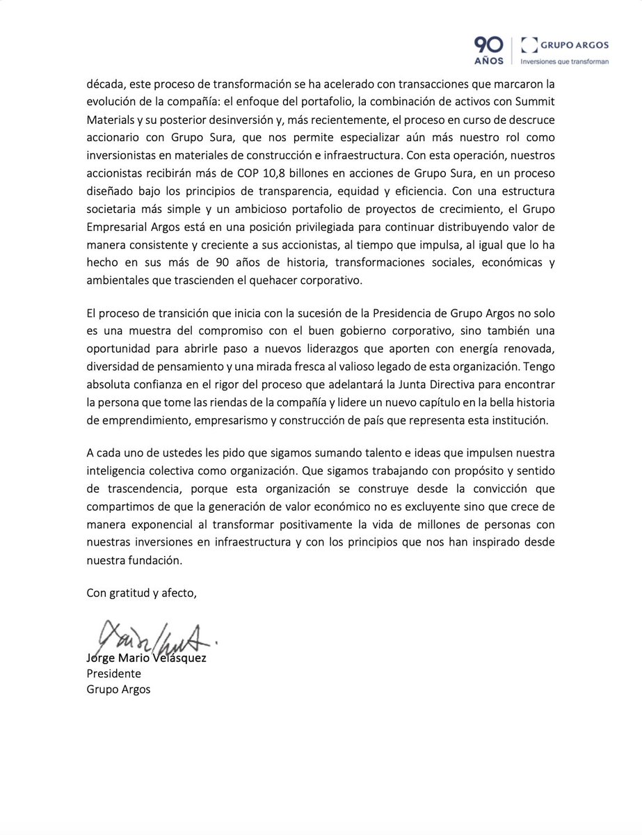 Compartimos carta de nuestro CEO, Jorge Mario Velásquez, a los más de 9.500 colaboradores del Grupo Empresarial Argos.