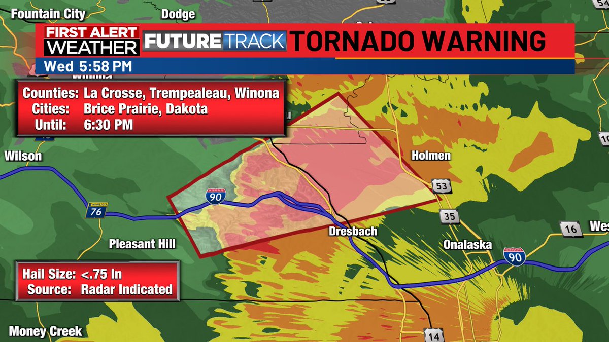 Tornado Warning** has been issued for areas inside the polygon