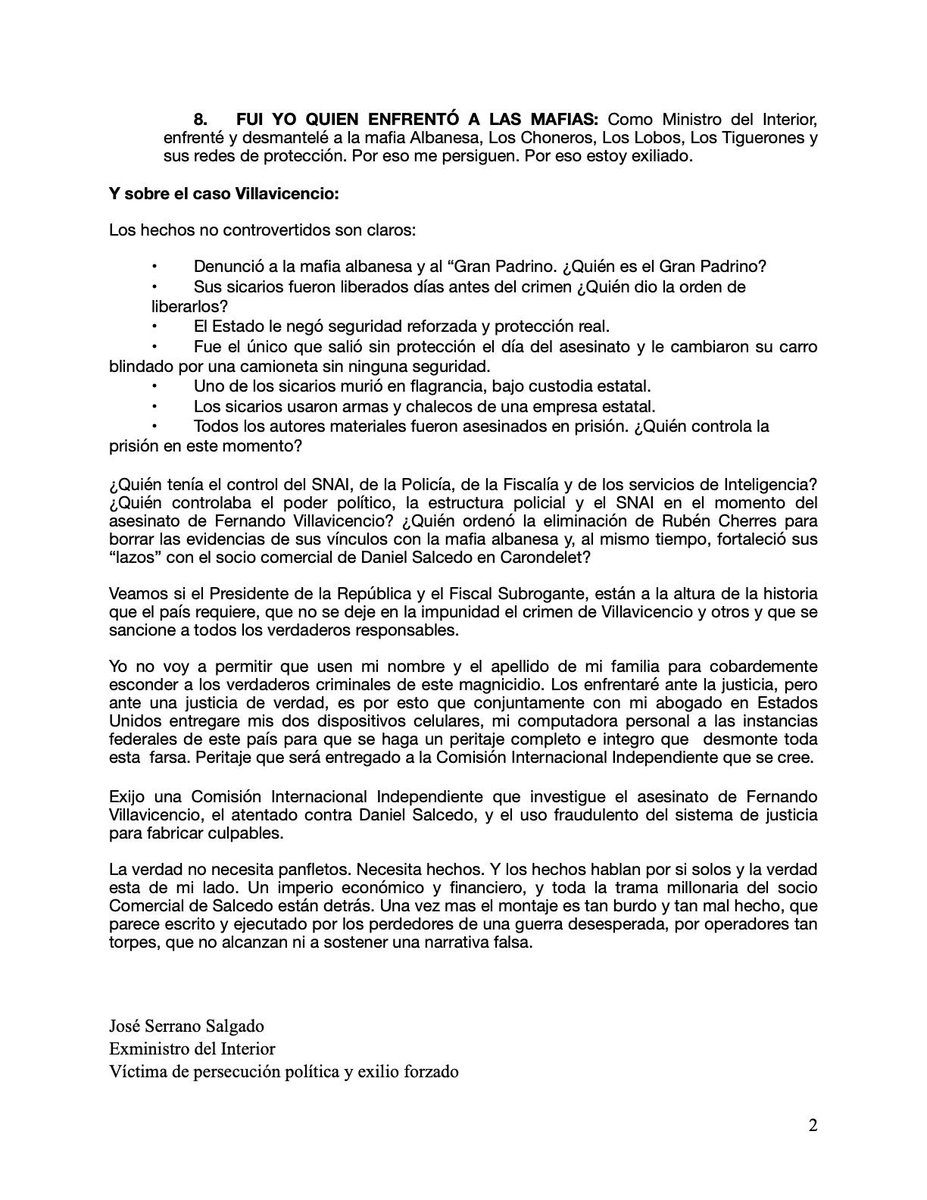 COMUNICADO A LA CIUDADANÍA

Frente al burdo montaje que busca incriminarme con el asesinato de Fernando Villavicencio y el atentado contra Salcedo, hago pública esta declaración.

No permitiré que se use mi nombre para encubrir a los verdaderos responsables.

#Villavicencio