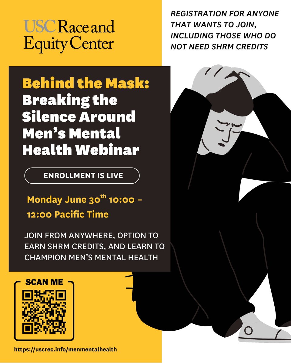 USCRaceEquity's tweet image. Behind the Mask: Breaking the Silence Around Men’s Mental Health   

Monday, June 30 | Join from anywhere + option to earn SHRM PDCs Explore stigma, spot warning signs, and support male mental health in your workplace.   

Register now at uscrec.info/menmentalhealth