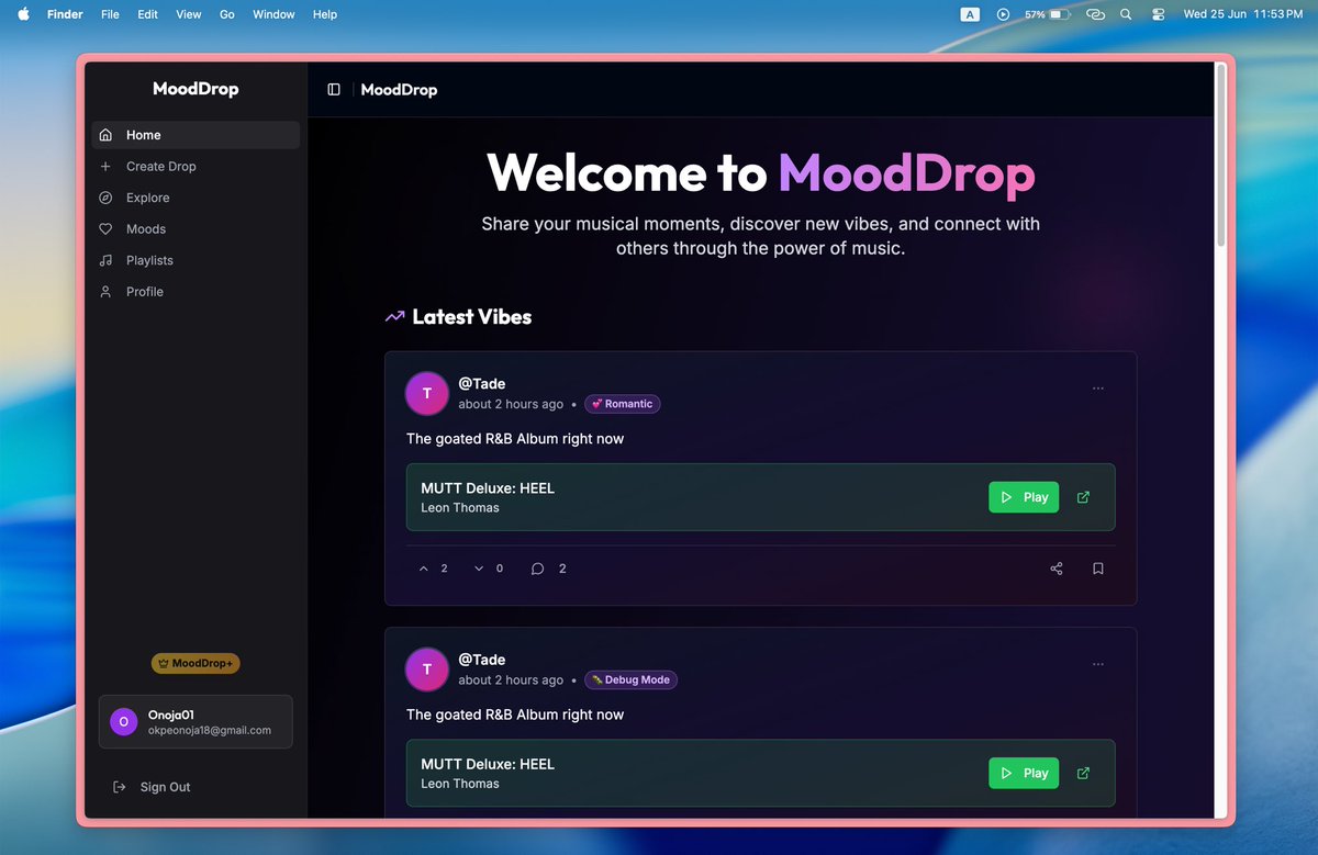 tadeDev_'s tweet photo. 🎧 Cooking up new vibes on MoodDrop…

🆕 Made a little Interface Revamp

🔁 Vibe Threads — comment on your fave drops, add your take, spark convos

🎵 Collaborative Playlists — build playlists together, one mood at a time

#buildinginpublic #mooddrop https://t.co/zBwv09s7V4