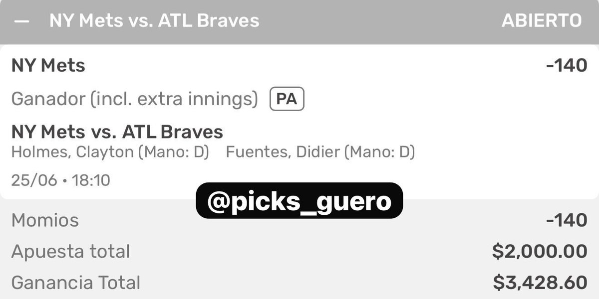 🚨 PICK DEL GÜERO 🚨

New York #Mets: WIN (-140) ⚾️

A DARLE! 👊🏼 #GueroPicks 💰 #MLB #FREEPICK