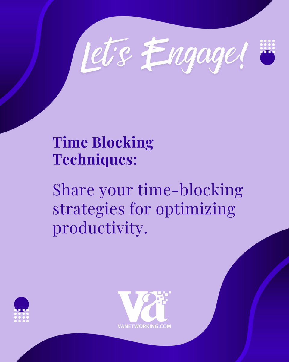 vanetworking's tweet photo. Time-Blocking Techniques: Share your time-blocking strategies for optimizing productivity.
#vatimemanagement #vana #vanetworking #vanacommunity #virtualassistant #freelancesuccess #timeblocking https://t.co/35tOZPzq7J