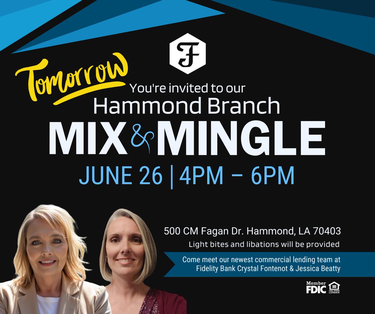 🗓️ Tomorrow! 🎉 Join us at Fidelity Bank's Hammond Branch on Wednesday, June 26, 4–6 PM. Connect with our team, enjoy light refreshments,☕ conversations, nd help us welcome the newest members of our Commercial Lending Team.

We look forward to seeing you there!