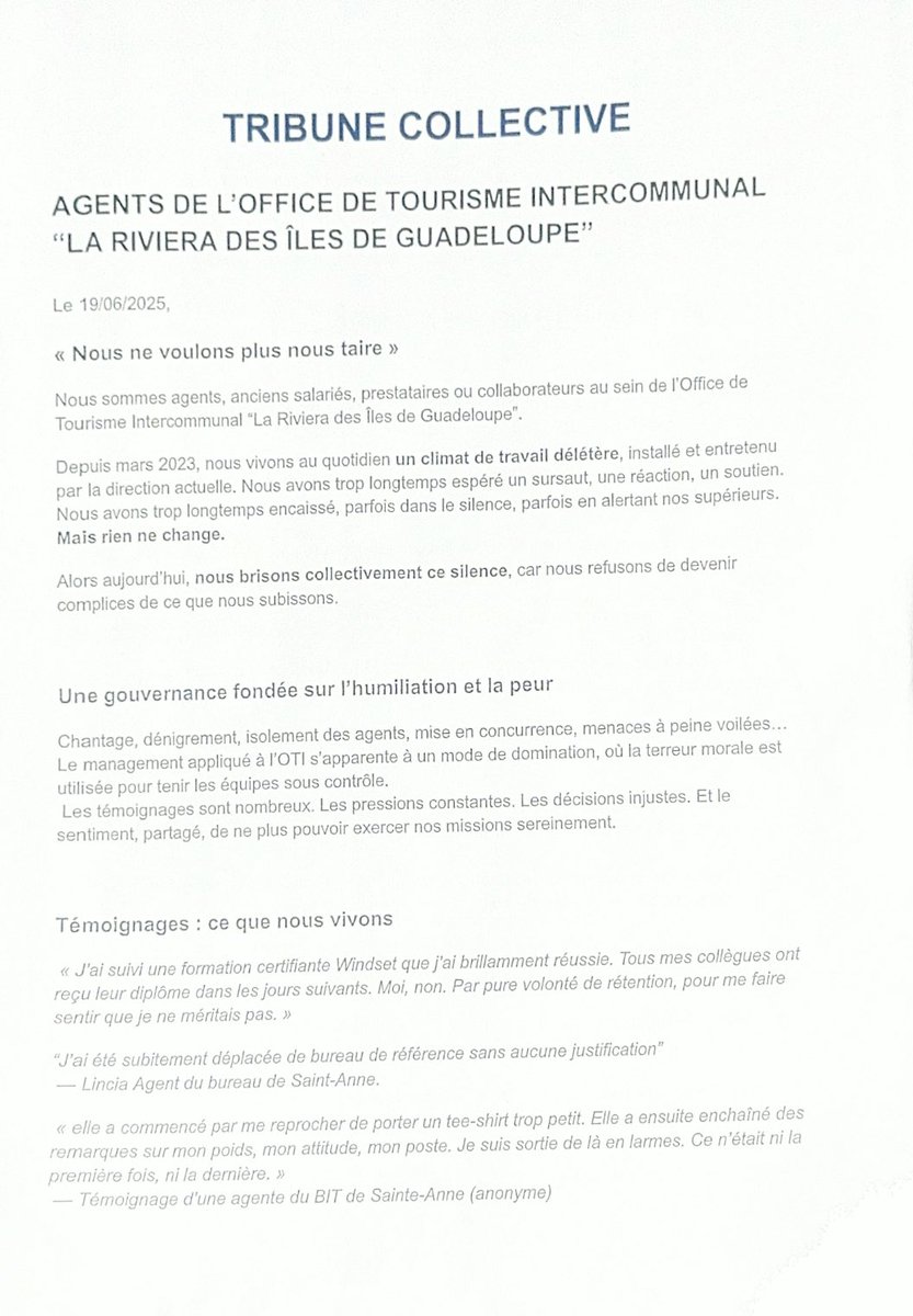 StimpflingEric's tweet photo. #Tourisme🔴🔴🔴
Les agents de l’Office du Tourisme Intercommunal de la Riviera du Levant dénoncent un climat de travail délétère” et une “gouvernance fondée sur l’humiliation et la peur”…
@guadeloupela1e @RivieraDuLevant @LoicTonton https://t.co/9pPZ3kSLG0