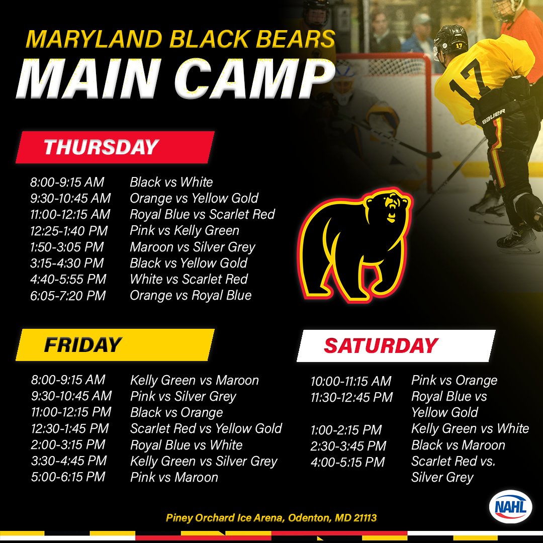 Our Black Bears' main camp scrimmage schedule for the next few days! (June 26-28) All camp events are free to the public.

Players - be sure to check your team’s schedule for each day as there have been updates. 

#MarylandBlackBears | #NAHL