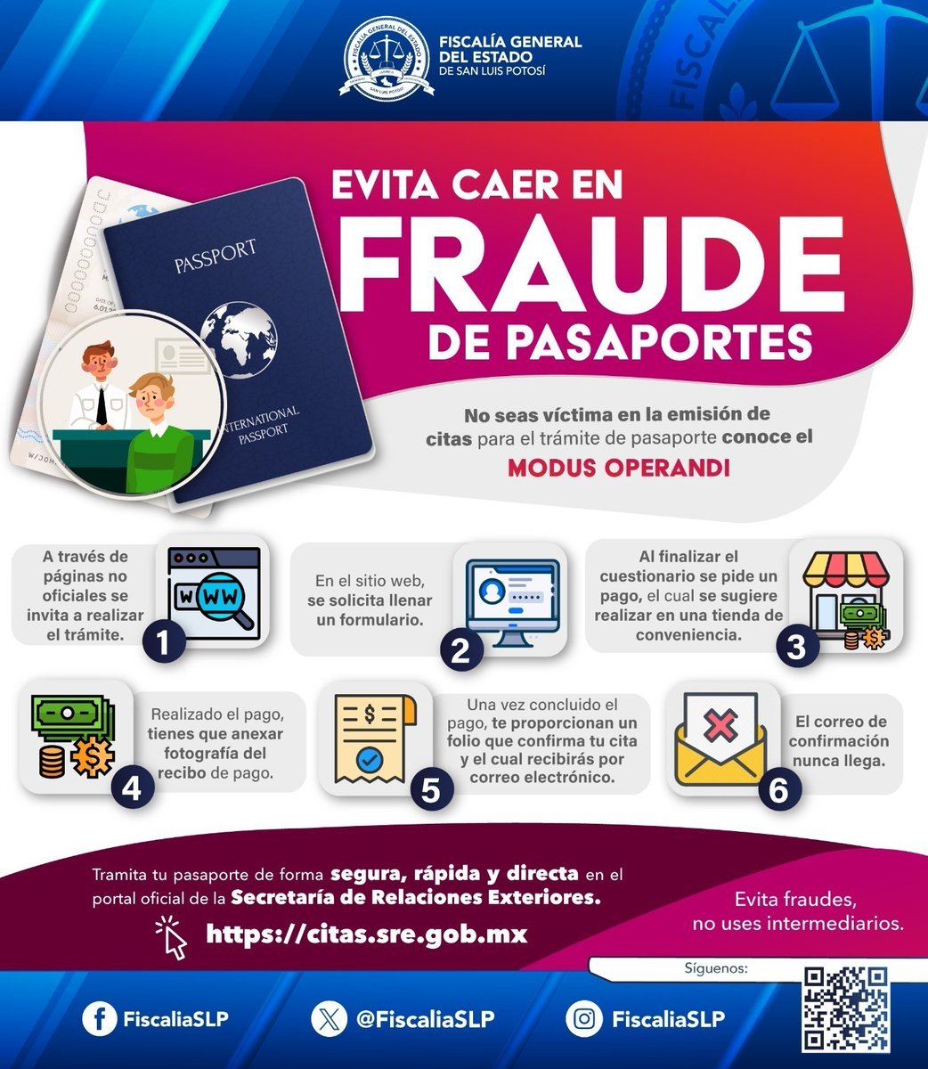 #FGESLP |  FGESLP emite recomendaciones para evitar fraude en trámite de pasaportes.

Más Información: tinyurl.com/2645r8sy