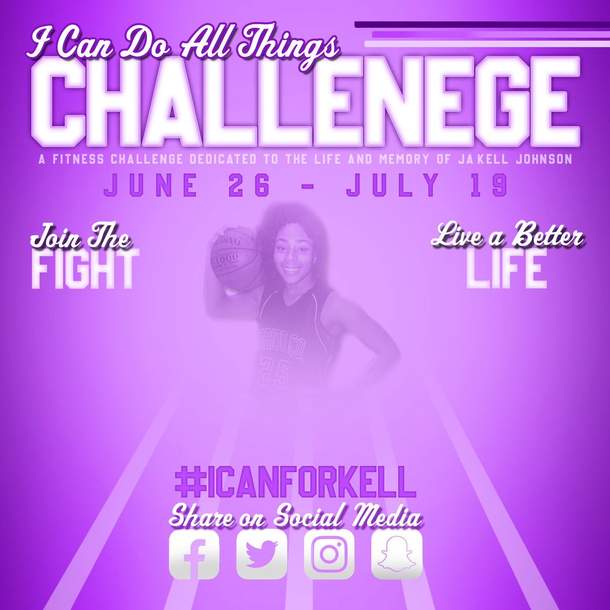 The 2nd annual I can do all things challenge in honor of Jakell Johnson starts TOMORROW!!! June 26th - July 19th exercise / do some type of workout! Post it on Facebook! Please tag ClinkandTwilla Johnson &amp; Quamane Johnson. #icanforkell I Can Do All Things Challenge!!💜💜💜