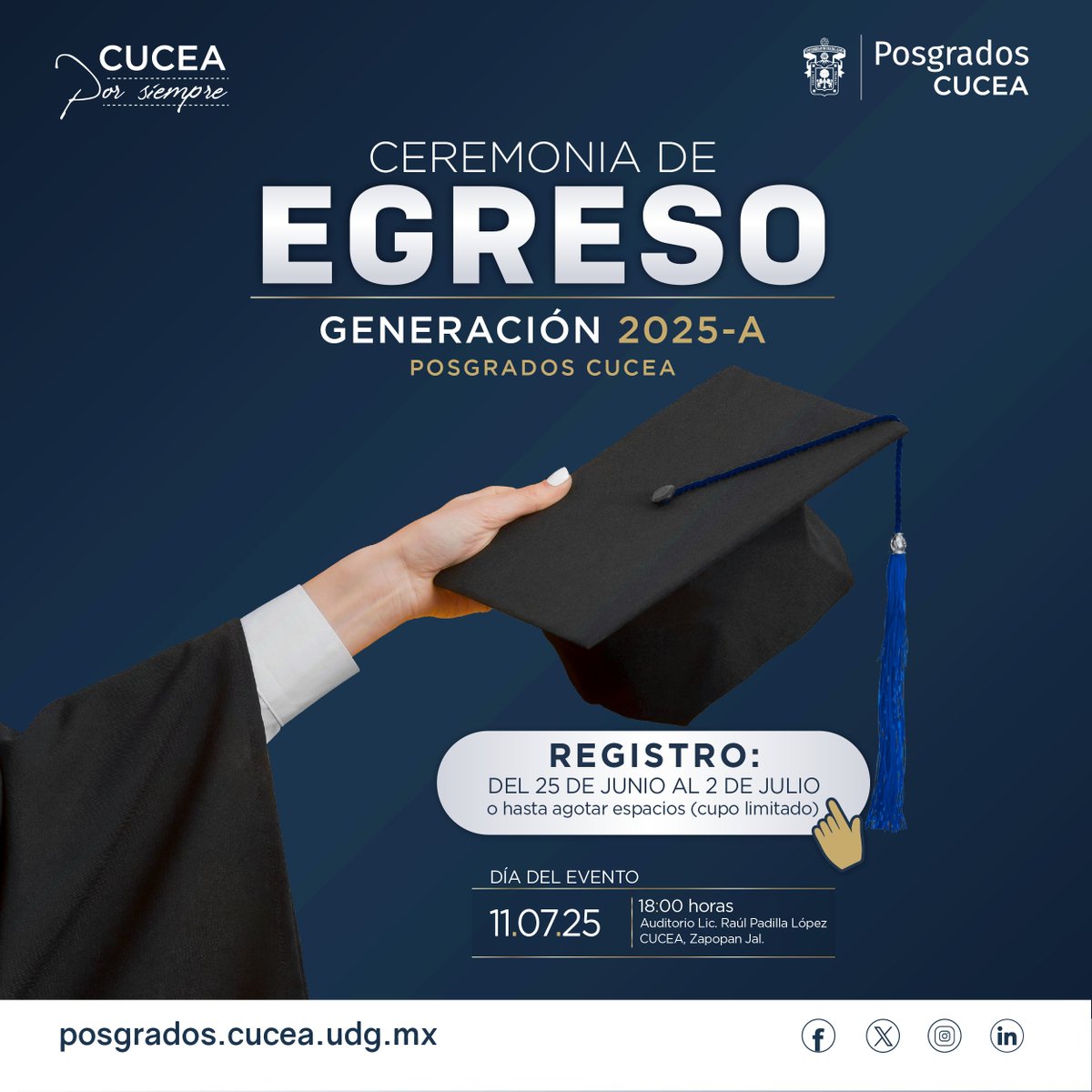 La Universidad de Guadalajara y el Centro Universitario de Ciencias Económico Administrativas (CUCEA) tienen el honor de invitarle a la Ceremonia de Egreso de los #PosgradosCUCEA.

👉🏻 Regístrate aquí: posgrados.cucea.udg.mx/sistemas/egres…

#DecisionesQueTransforman #Egresados #UD