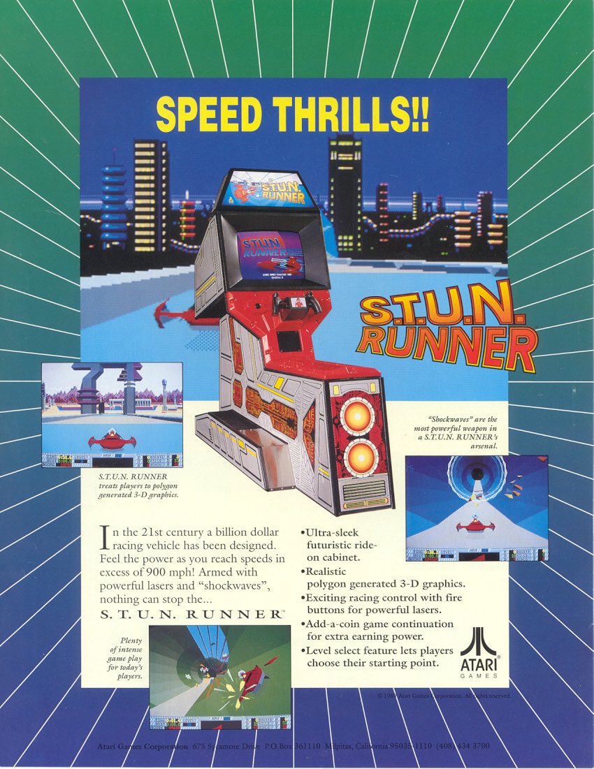 american80s's tweet image. Stun Runner’s polygon graphics and sense of speed were like nothing else in 1989 arcades. Did you ever play this one in the wild? 

#Atari #Polygons #Arcades #80s #RetroGaming ☀️🌴