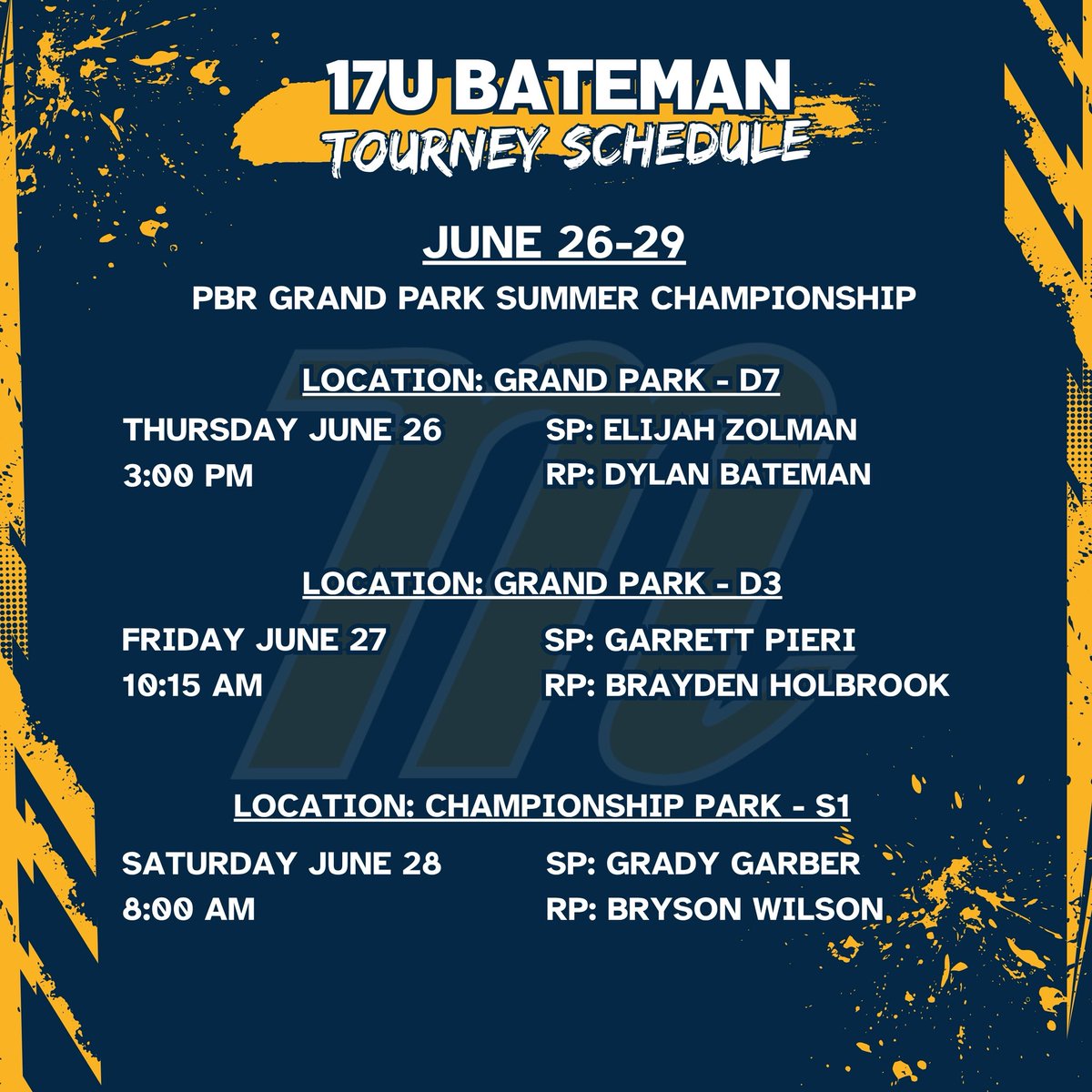 17U Bateman
🗓️June 26-29
📍Grand Park / Championship Park
🔥<a href="/ElijahZolm36108/">Elijah Zolman</a> 
🔥<a href="/gpieri2026/">Garrett Pieri</a> 
🔥<a href="/GarberGrady1/">Grady Garber</a>