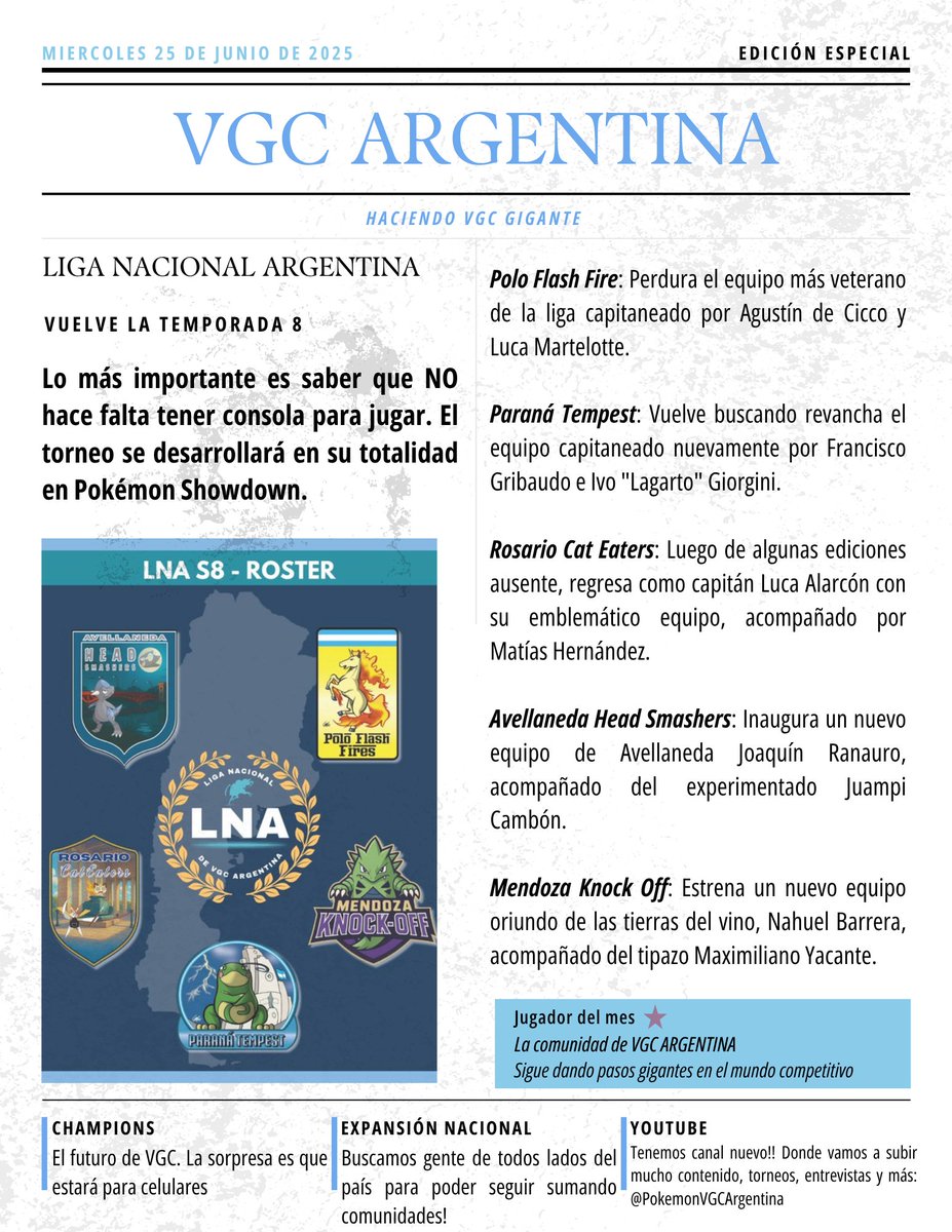 ‼️Temporada 8 de la LNA ‼️

Vuelve la liga por equipos que reúne a los jugadores de VGC de todo el país 🌟🌟

El draft será el domingo 6 de julio. Quedan sólo dos semanas  🫶

Inscripción 👉👉forms.gle/FHL14UkDwA45Uf……

Nos pueden consultar/preguntar lo que sea 💜