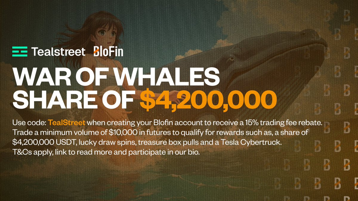 Tealstreet.io (@tealstreetio) on Twitter photo Join the Tealstreet team for <a href="/BloFin_Official/">BloFin Exchange</a> War of Whales 🐋
Competition begins in less than 8 hours ⚡️
Check our bio Linktree for more info Join the Tealstreet team for <a href="/BloFin_Official/">BloFin Exchange</a> War of Whales 🐋
Competition begins in less than 8 hours ⚡️
Check our bio Linktree for more info