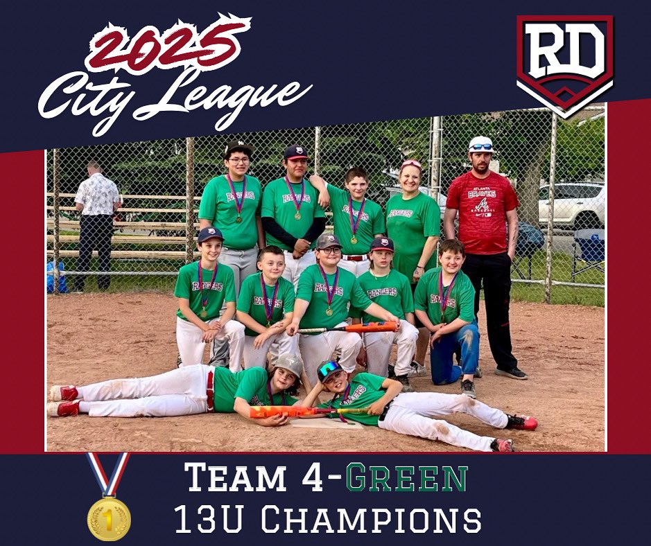 🏆 13U City League Champions – Team Green! 🏆

Big congratulations to the 13U Green Team for claiming the City League Championship with an impressive 19–10 win over Team Navy in the final! 💚⚾️