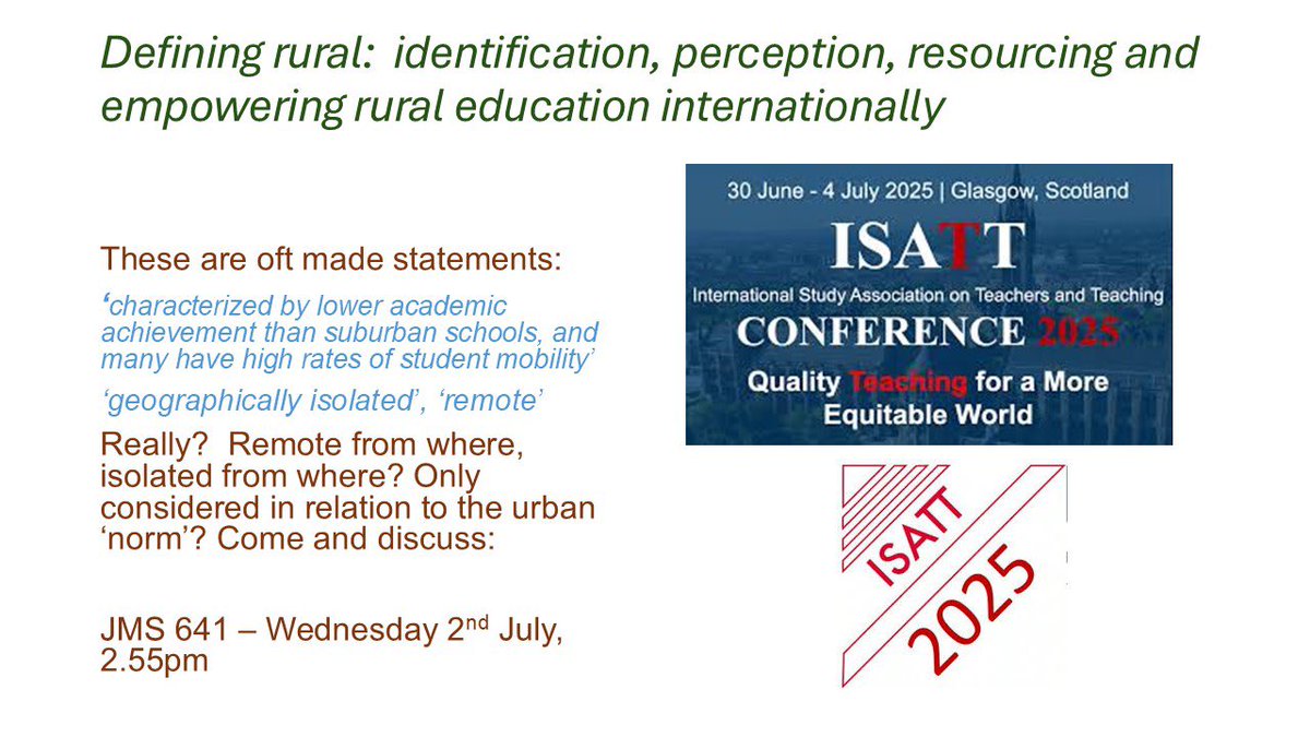 Dr. Suzie Dick (@suziemdick) on Twitter photo Why is rural education viewed through a deficit lens? Where did âurban saviour syndromeâ come from and is it acceptable? Come debate these questions internationally <a href="/ISATT2025/">ISATT 2025 in Glasgow</a> Why is rural education viewed through a deficit lens? Where did âurban saviour syndromeâ come from and is it acceptable? Come debate these questions internationally <a href="/ISATT2025/">ISATT 2025 in Glasgow</a>