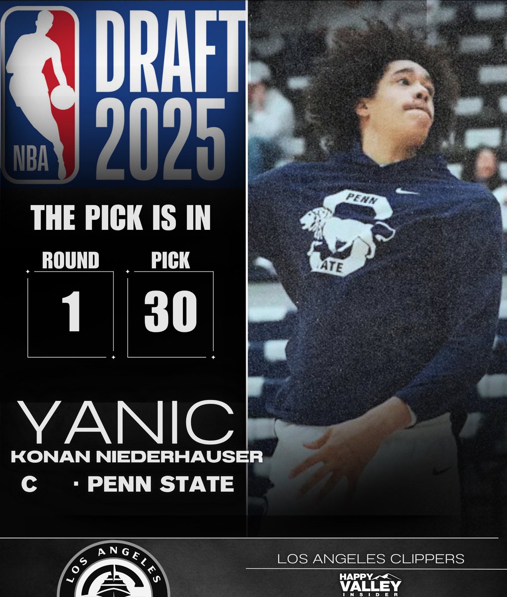 PennStateRivals's tweet image. 🚨THE PICK IS IN🚨
The Los Angeles Clippers select Penn State center Yanic Konan Niederhauser (@YanicKonan) with the No. 30 pick in the 2025 NBA Draft.
👉 tinyurl.com/PSUNBADraft