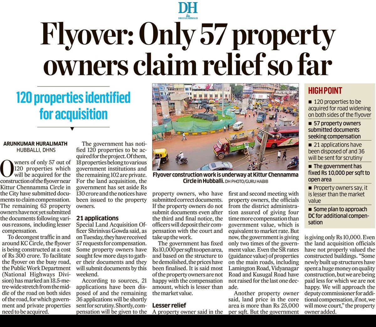 #Hubballi
Flyover land acquisition: Only 57 out of 120 property owners claim relief so far
<a href="/DeccanHerald/">Deccan Herald</a> <a href="/anithapailoor/">AnithaPailoor</a> <a href="/HubliCityeGroup/">Hublicity-eGroup</a> <a href="/Hubballi_Infra/">Hubballi Dharwad Infra</a> <a href="/hublimandi/">Hubballi Dharwad</a> <a href="/Namma_HD/">ನಮ್ಮ ಹುಬ್ಬಳ್ಳಿ-ಧಾರವಾಡ💛❤️Namma Hubballi-Dharwad</a> <a href="/Namma_Dharwad/">ನಮ್ಮ ಧಾರವಾಡ</a>