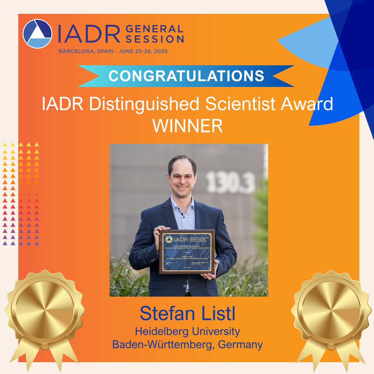 Congratulations to Stefan Listl, recipient of the 2025 IADR Distinguished Scientist Award in Behavioral, Epidemiologic, and Health Services Research! 

ow.ly/RfEq50W9eXb 

#IADR2025