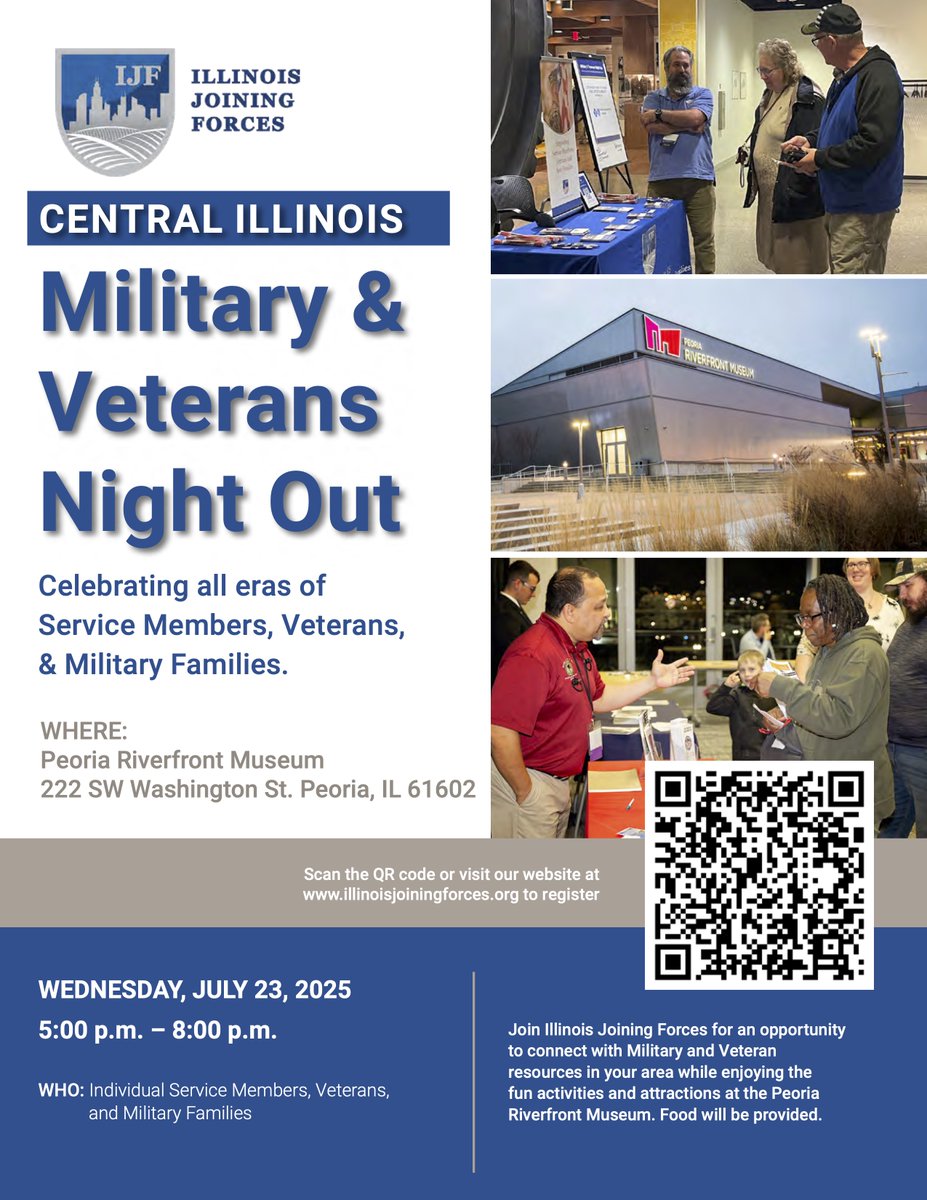 Attention Veterans, Service Members, &amp; Families! 🎖️🇺🇸

We're hosting our 2025 Military &amp; Veterans Night Out in Central Illinois
Wednesday, July 23, 2025 | 5:00 PM – 8:00 PM
Peoria Riverfront Museum

Register now>> eventbrite.com/e/military-vet…

#Veterans #MilitaryFamilies #CentralIL