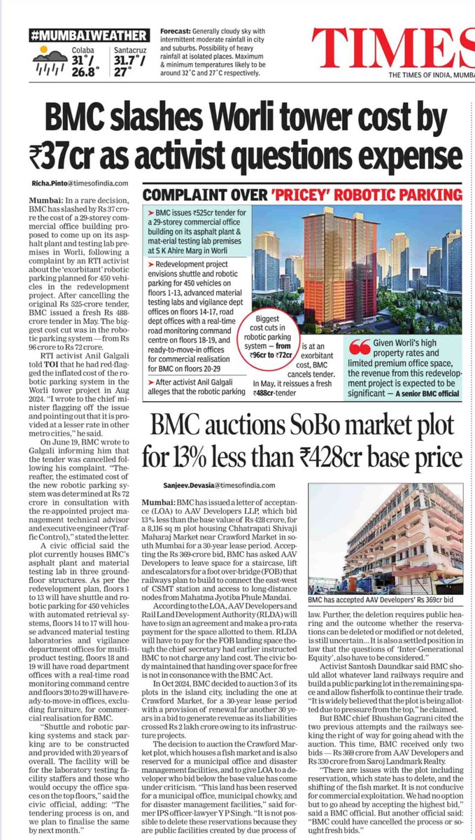 Richa Pinto (@richapintoi) on Twitter photo In a rare reversal, BMC has reduced the estimated cost of a proposed 29-storey commercial office building in Worli from ₹525 crore to ₹488 crores. The drop comes after a complaint by Right To Information (RTI) activist <a href="/ANILGALGALIRTI/">ANIL GALGALI</a> who had said that the robotic parkings In a rare reversal, BMC has reduced the estimated cost of a proposed 29-storey commercial office building in Worli from ₹525 crore to ₹488 crores. The drop comes after a complaint by Right To Information (RTI) activist <a href="/ANILGALGALIRTI/">ANIL GALGALI</a> who had said that the robotic parkings