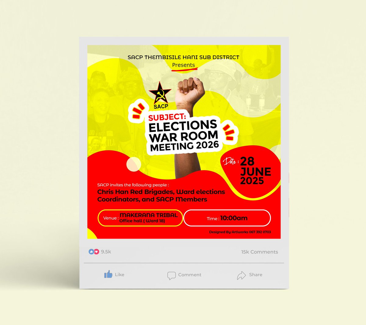 ArtiworksCA's tweet photo. Latest Design Work
excited to share our latest design project - a digital flyer for the SACP Elections War Room5 Meeting 2026!
perfectly capturing the energy of the event.
Check it out and let us know what you think! #LatestWork #DigitalFlyer #SACP #ThembisileHaniSub-District https://t.co/OqjwL5PzKY