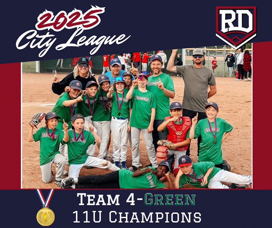 🏆 11U City League Champions – Team Green! 🏆

Congratulations to the 11U Green Team on an incredible finish to the season, taking home the City League Championship with a 10–5 victory over Team Red in tonight’s final! 💚⚾️