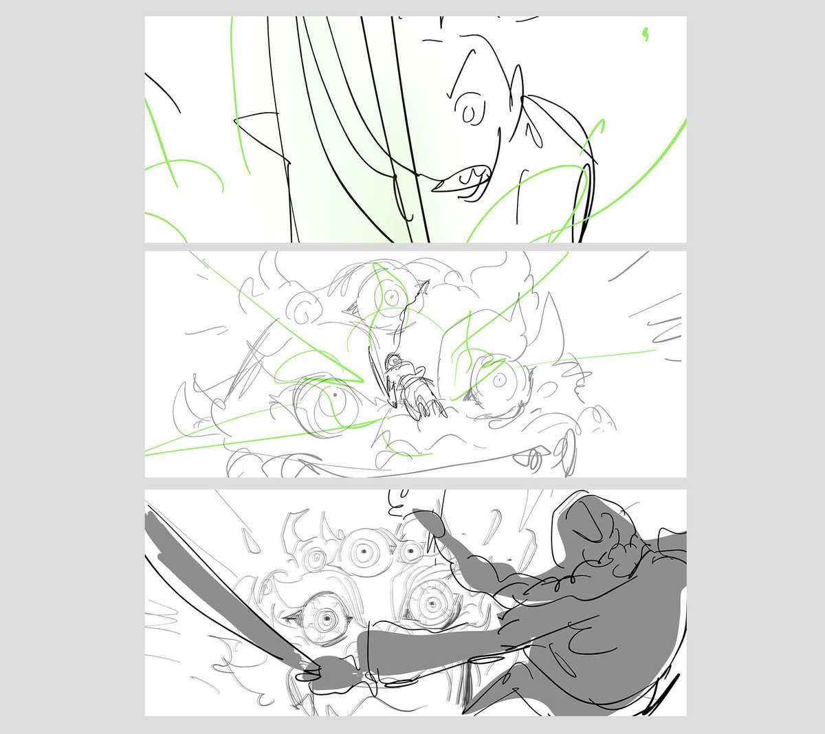 Hannahannac9t's tweet image. Here are some panels I worked on for an earlier version of the climax fight scene in #KPOPDEMONHUNTERS. Gima originally looked more like a monster, but I really liked how the final movie version turned out โ just a cool, simple mouth-shaped character.