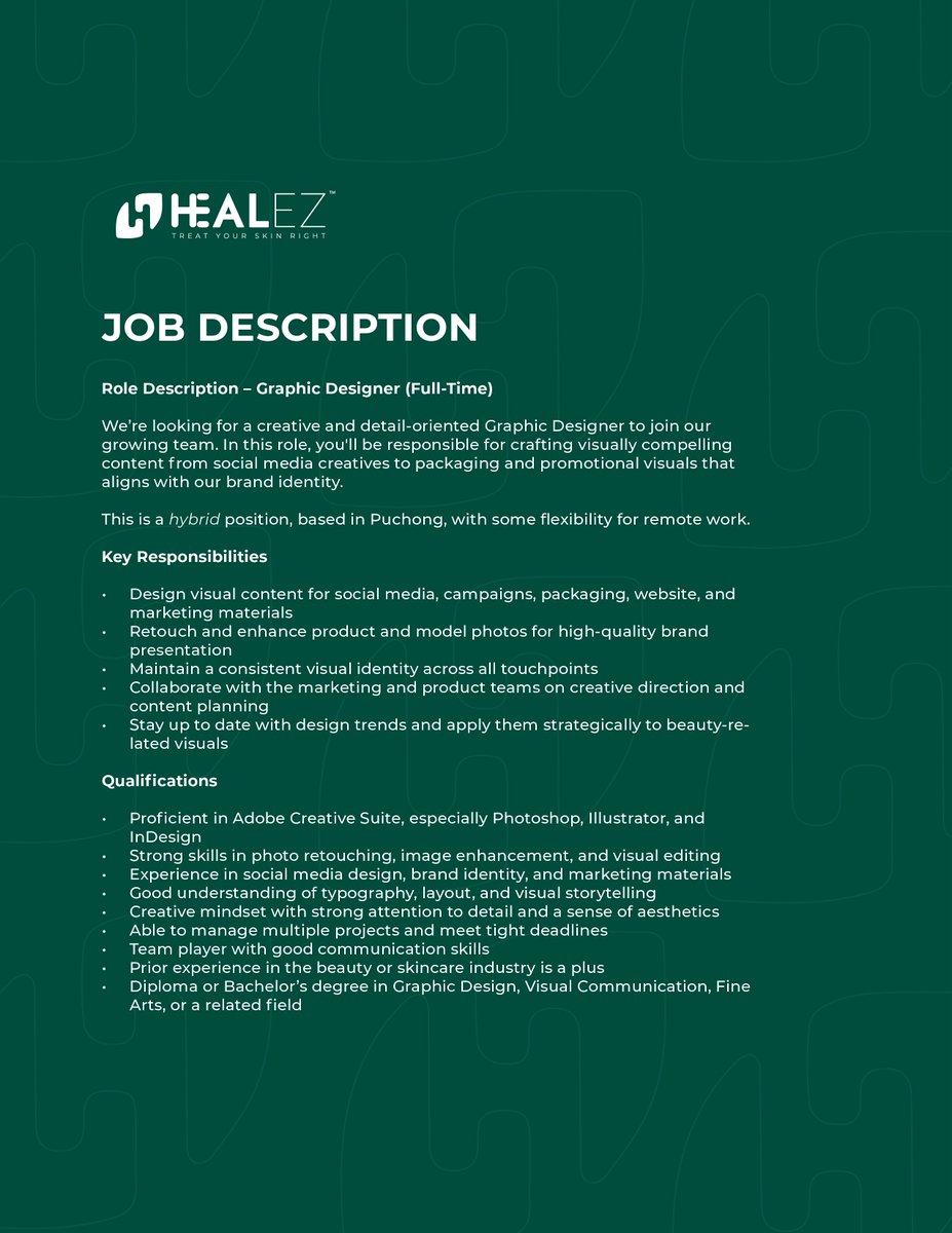 🎨 We’re hiring a Graphic Designer (Full-Time, Hybrid)!

Love beauty, design &amp; skincare? Join us at HEALEZ 💚

📩 Send your resume &amp; portfolio: admin.healez@healezbeauty.com