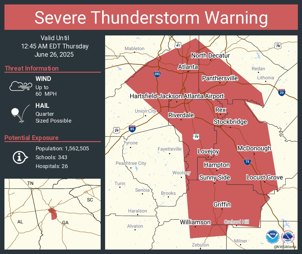 Severe Thunderstorm Warning including Atlanta GA, Hartsfield-Jackson Atlanta Airport GA and  East Point GA until 12:45 AM EDT