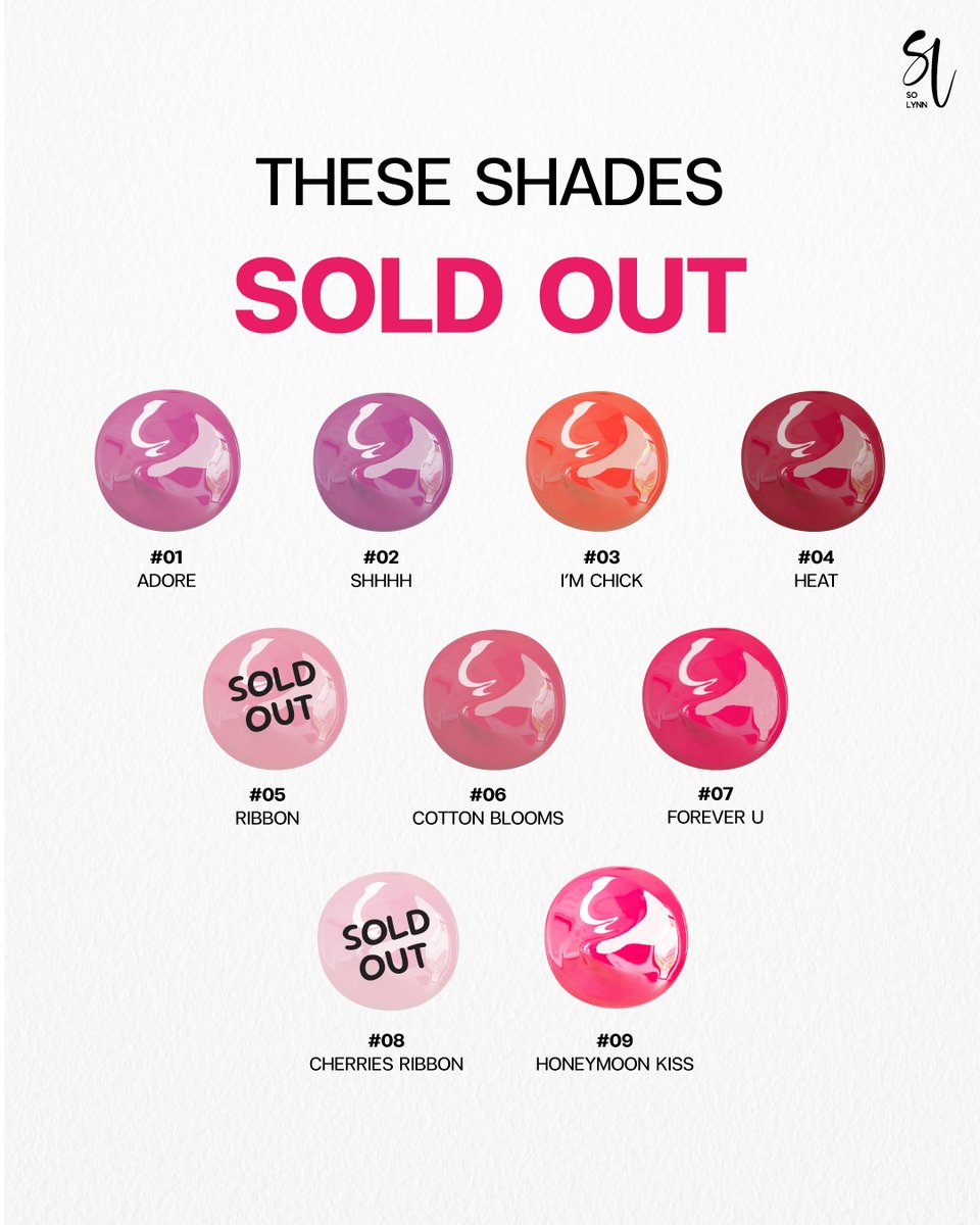 💄 05 &amp; 08 Sold Out !
ยังช้อป SO LYNN Lip Tint Oil อีก 8 สี ได้ที่ SO LYNN Official 💋
Shopee: s.shopee.co.th/4fh9TVbokl
Lazada: s.lazada.co.th/s.uZpok
TikTok: vt.tiktok.com/ZMkghQ8Kd

#SoLynn #SoLynnCrystalGlam
#SoLynnCrystalGlamLipTintOil