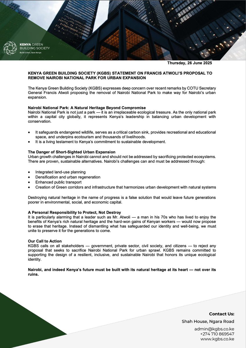 Nairobi National Park is not for sale or for sacrifice.

KGBS calls on all 🇰🇪s to reject short-sighted proposals.

Sustainable solutions exist: better planning, green corridors.

Let’s build our future with nature- not over it.