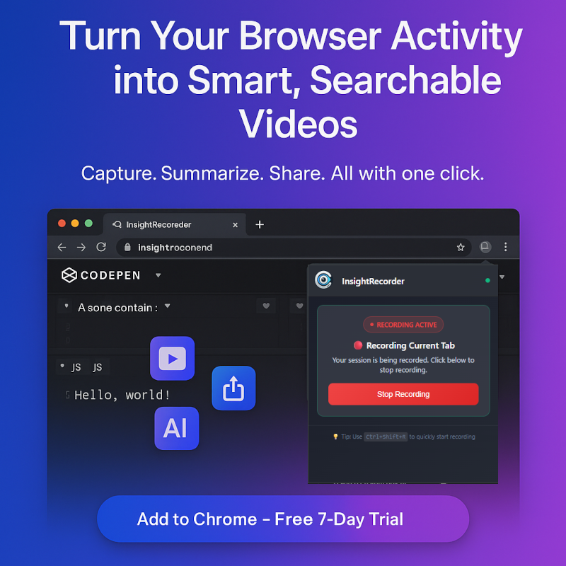 LebaS66's tweet photo. 🚀 InsightRecorder: 1-click screen recording + private AI!
🎥 Capture any Chrome tab
🤖 Auto transcripts &amp; smart summaries
✂️ Highlight key moments
🔒 No limits, full data privacy

Start FREE → https://t.co/mj7RPwE5ro
🔗 Chrome Extension https://t.co/fMbVIp0vaw