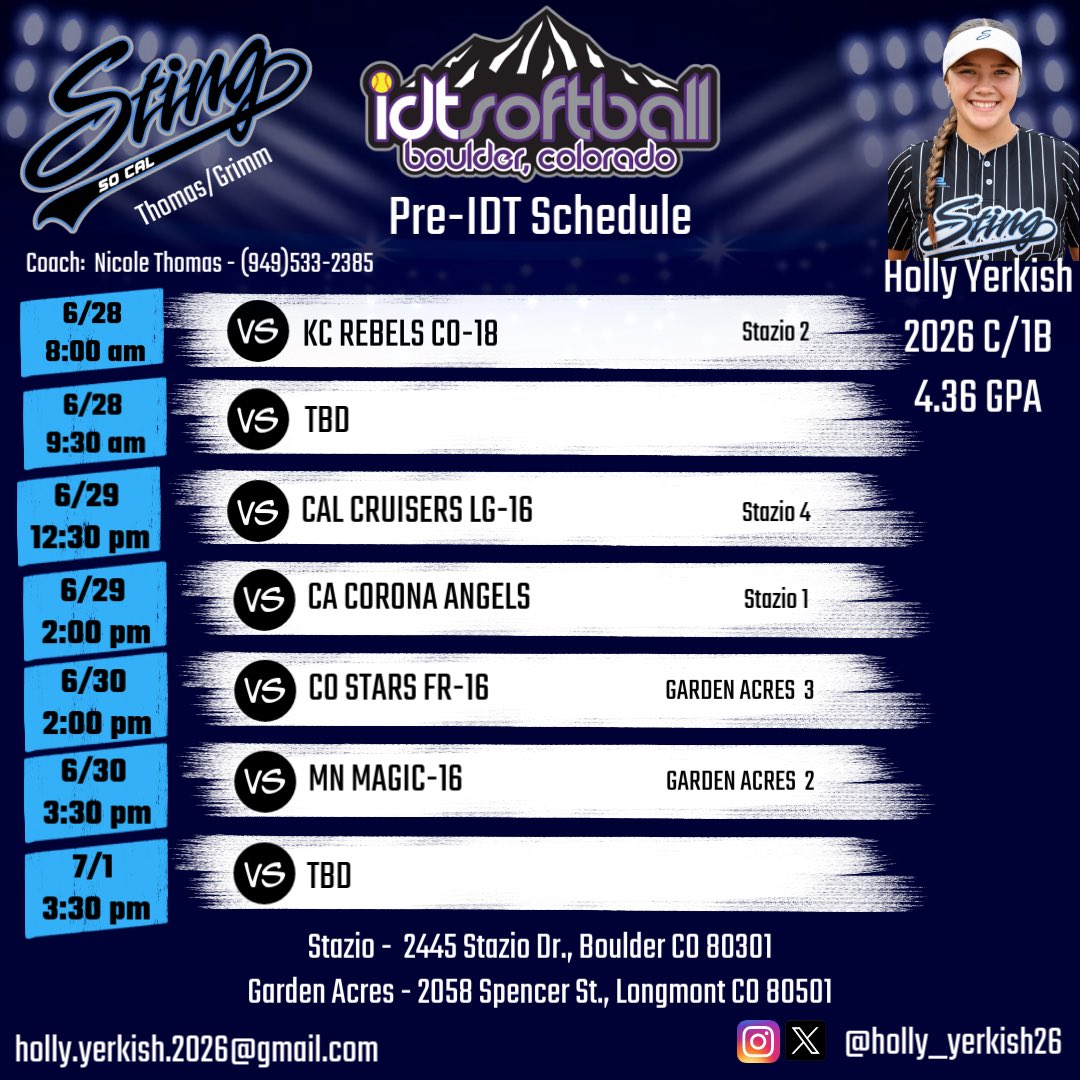 Looking forward to being back in Colorado.  Might even get to extend my stay by a day or so.
<a href="/Mads_Arm2Strong/">Maddie Armstrong</a> <a href="/Clift_coach/">Jim Clift</a> <a href="/CoachPena_BSU/">Helen Peña</a> <a href="/Coach_PetrieSB/">Elysse Petrie</a> <a href="/SLUsbcoach/">Coach Phillips</a> <a href="/CoachAaronMoore/">Aaron M. Moore</a> <a href="/CatamountSB/">Western Carolina Softball</a> <a href="/CoachGill_MSU/">Ashley Gilland</a> <a href="/madi_eberle/">Madi Eberle</a> <a href="/coach_pilk/">Adrian Pilkington</a> <a href="/Coach_G_CMU/">WillieHinojosa</a> <a href="/SCAThomasGrimm/">So Cal Sting Thomas/Grimm</a>