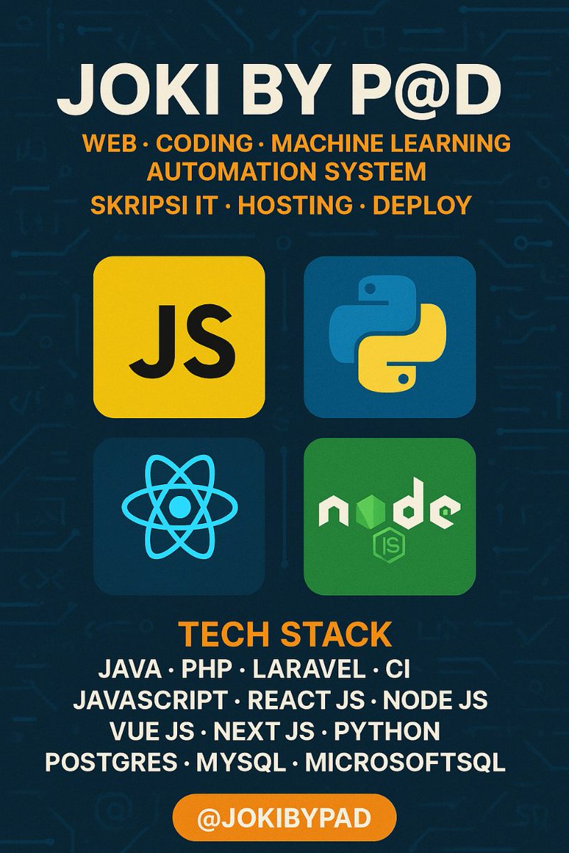 jokibypad's tweet image. halo guys, yang masih bingung sama tugas kuliah atau yang berbau komersil, yang udah capek ngoding tapi masih aja error, konsultasi ke sini aja yuk, kirim detailnya ke wa di bio ya!! 
- Coding 
- Skripsi IT 
- Web
#zonauang #Jokiskripsi #jokicoding #zonajajan