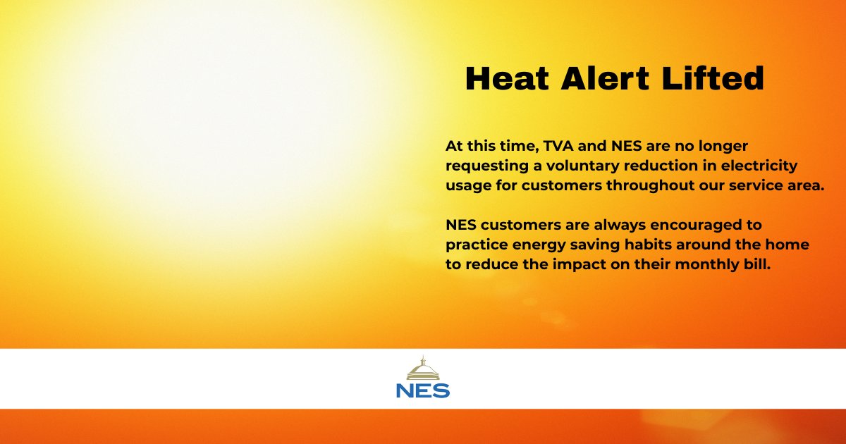 We'd like to thank NES customers for their continued efforts to reduce electricity usage during extreme summer heat. While temperatures remain high, the electric grid is stable.