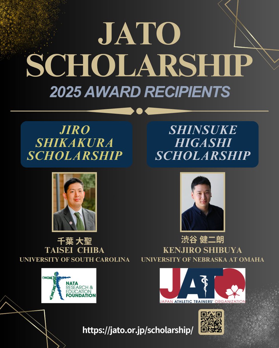 JATO_ATC's tweet photo. 🎓【JATO Scholarship 受賞者決定】
米国にてアスレティックトレーナーを目指し挑戦する学生2名に奨学金が授与されます。
・千葉大聖 氏
・渋谷健二朗 氏

授与式は、明日6/26(木)米国フロリダ州オーランドで開催中の #NATA2025 JATO Reception にて行われます。

@NATAFoundation @NATA1950 @JATO_ATC https://t.co/PTznuhL8kS