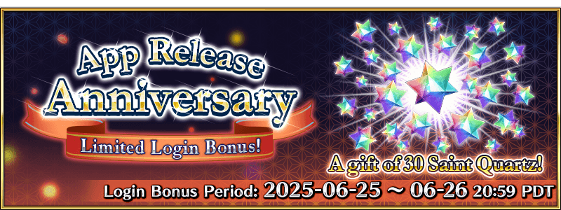 FateGO_USA's tweet photo. June 25 marks the 8th anniversary of Fate/Grand Order (English)'s release!

To express our gratitude, we'll be distributing the "App Release Anniversary Limited Login Bonus": 30 Saint Quartz!

More info ➡️ https://t.co/pzv2QRGTyE
#FateGOUSA https://t.co/8196gjyZwM
