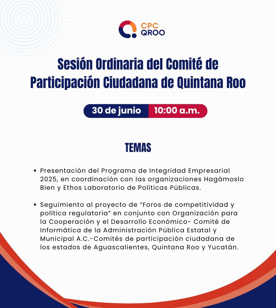 🚨Sigue la sesión ordinaria del Comité de Participación Ciudadana de Quintana Roo🚨

📆 30 de junio de 2025
⏰ 10:00 Hrs. QRoo.

🔗Canal de You Tube del CPC: youtube.com/@cpcqroo