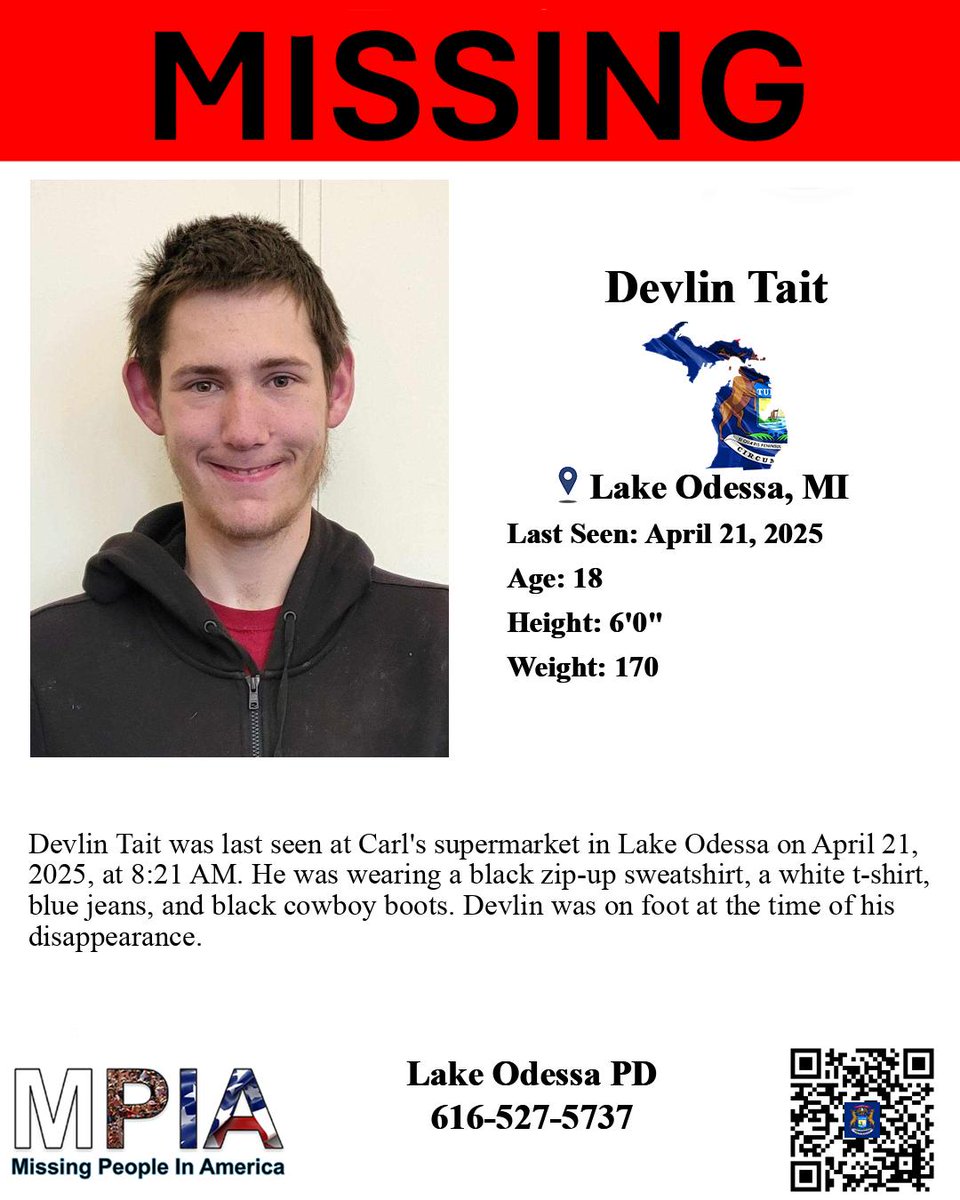 MrECrimecast's tweet image. Please share: Devlin Tait missing Lake Odessa, MI

Devlin has Cerebral Palsy, Autism, Tourette’s Syndrome, and Fetal Alcohol Syndrome. He disappeared without any of his medication and is reported to have the mental capacity of a 7-8 year old.