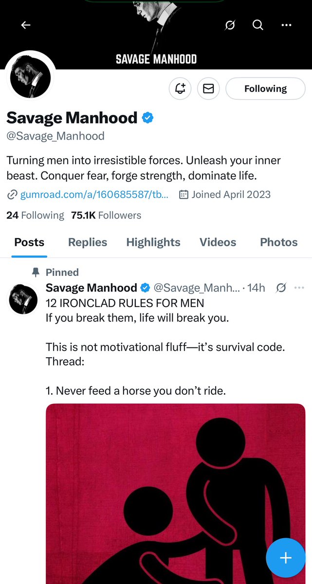 What on earth is this <a href="/X/">X</a> ?!? Why am I following savage manhood? I can assure you I have neither interest nor inclination for that kind of content.. not a single cell in my body can even relate to the account name? I would never follow an account like this.