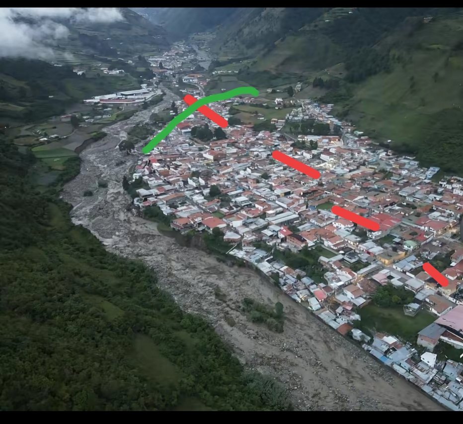 Esta es una foto tomada de las RRSS del Páramo de #Mérida, se puede notar que la población está construida en el cauce antiguo del río Chama (línea roja), siempre los ríos reclaman su cauce natural, se deben ejecutar trabajos Geotécnicos (curva verde) para mitigar el riegos