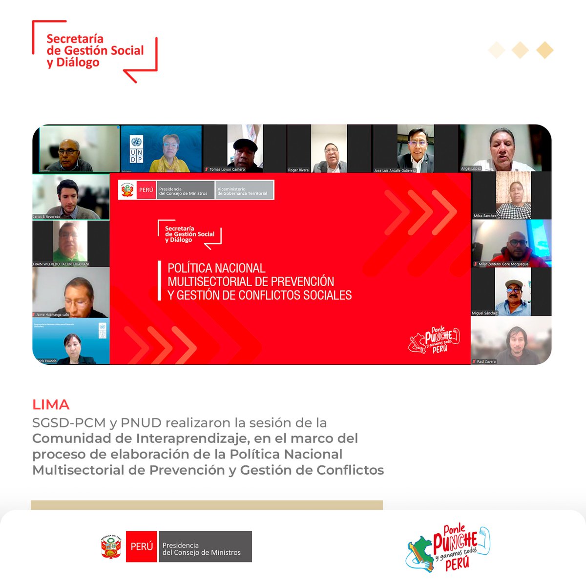 PCM_SGSD's tweet photo. 📌La @PCM_SGSD y el @PNUDperu, desarrollaron la sesión de la Comunidad de Interaprendizaje, con el objetivo presentar los avances de la elaboración de un Índice de Conflictividad Social en el marco de la Política Nacional Multisectorial de Prevención y Gestión de Conflictos. https://t.co/HUIi33qX6d