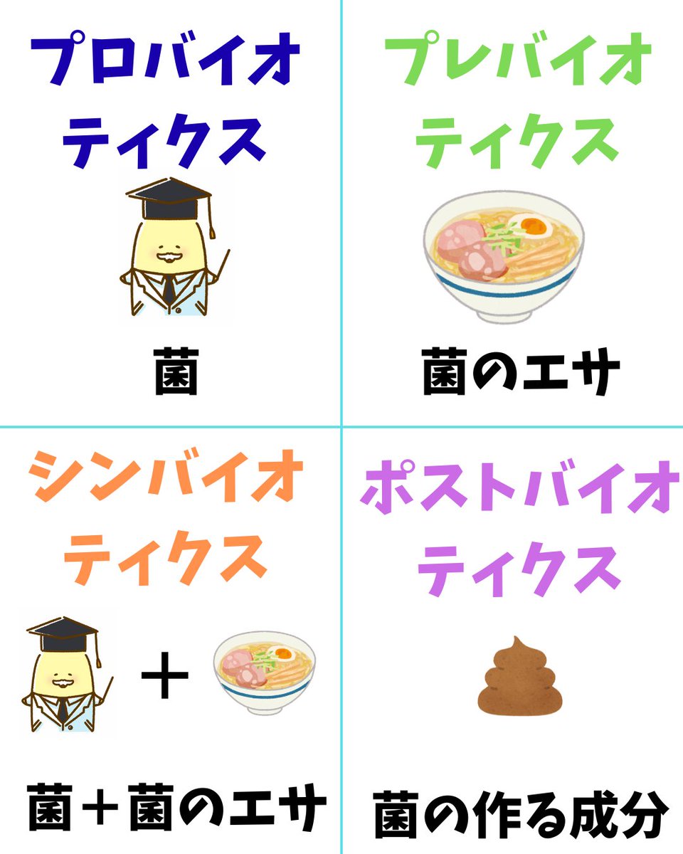 小学生でもわかる腸活の種類
プロバイオティクス：ビフィズス菌など菌そのもの
プレバイオティクス：発酵性食物繊維。菌のエサ
シンバイオティクス：プロバイオ＋プレバイオ
ポストバイオティクス：短鎖脂肪酸など細菌のつくる代謝産物
（※僕は、ラーメンが好きです）