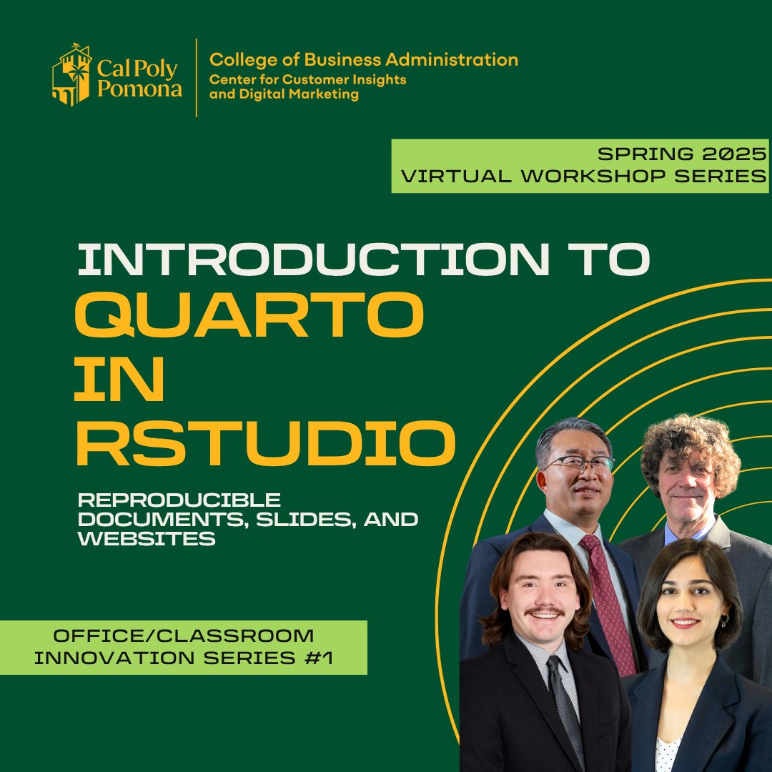 CPP_CCIDM's tweet image. New to Quarto? Learn how to build documents, presentations, and even websites with Quarto in RStudio. 💻
Watch our first CCIDM Spring Workshop 👉 bit.ly/3ZMRIQR
#Quarto #RStudio #DigitalMarketing #MarketingAnalytics #OfficeClassroomInnovation #CCIDM #CalPolyPomona