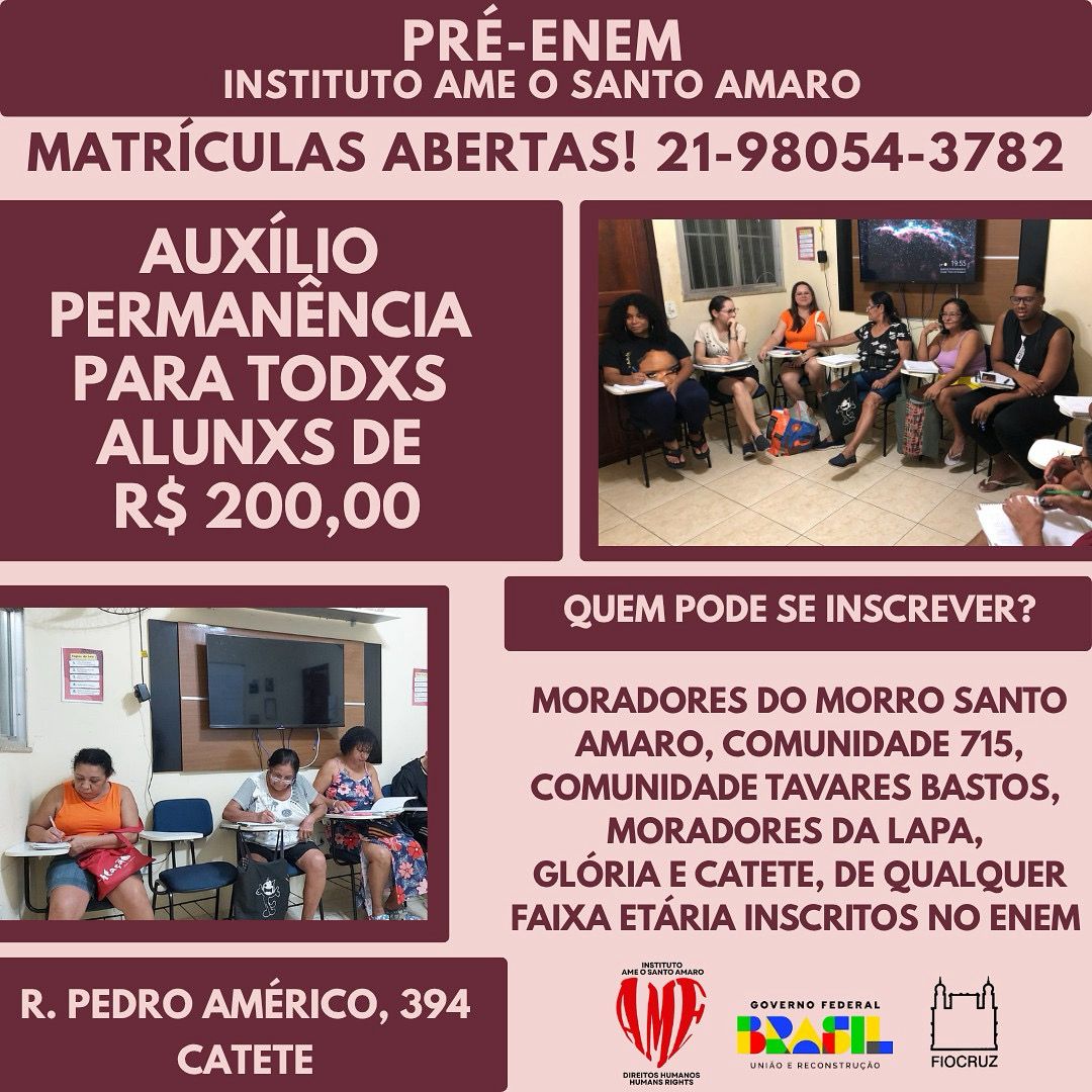 AMEOSANTOAMARO's tweet image. 📚 Matrículas abertas pro Pré-ENEM AME Elas!

Auxílio permanência de R$200 pra todxs alunxs

📍 Rua Pedro Américo, 394 – Catete
Podem se inscrever moradores do Santo Amaro,pedro americo 715, Tavares Bastos, Lapa, Glória e Catete

Info e matrícula: 21 98054-3782

#PréEnem #AMEElas