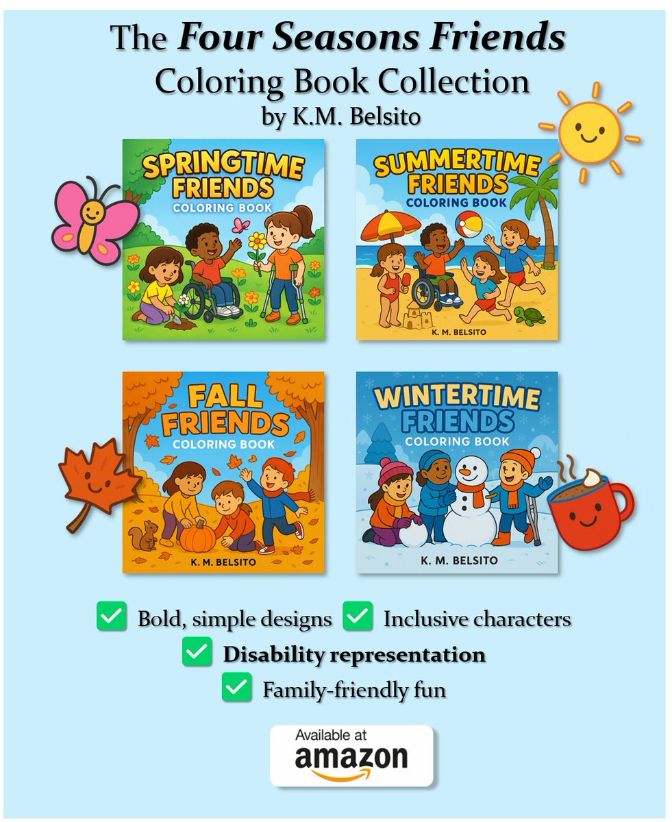 MsKellyBel's tweet photo. New coloring book series! 🎨
 Four Seasons Friends Coloring Book Collection 🌸☀🍂❄
Inclusive, cozy, and disability representation kids don’t always get to see.
Made with love. 🖍
Available on Amazon:  https://t.co/gMijSv4EkV
#RepresentationMatters #ColoringBook #InclusiveArt https://t.co/aBiQcZH1aH