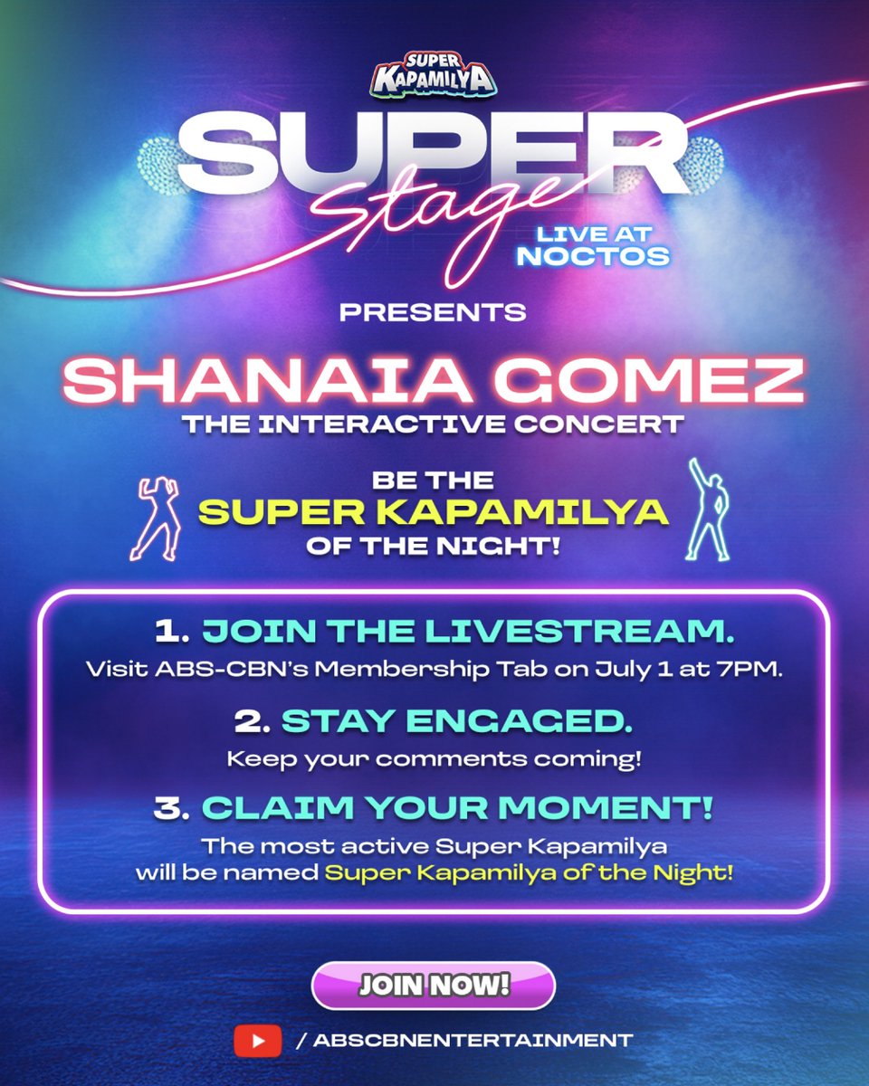 ABSCBN's tweet photo. SHANAIA FANS, MAG-INGAY– baka ikaw ang maging Super Kapamilya of the Night! 🙌

Join Shanaia Gomez in our first-ever #SuperKapamilya #SuperStage on July 1, Tuesday at 7PM!

🎤 CATCH THE INTERACTIVE LIVESTREAM– exclusively for #SuperKapamilya members! React, be heard & enjoy performances! ❤️

🎸 Walk-ins are also welcome at #NoctosMusicBar. P1,000 Door Charge, with a drink included! 🍹