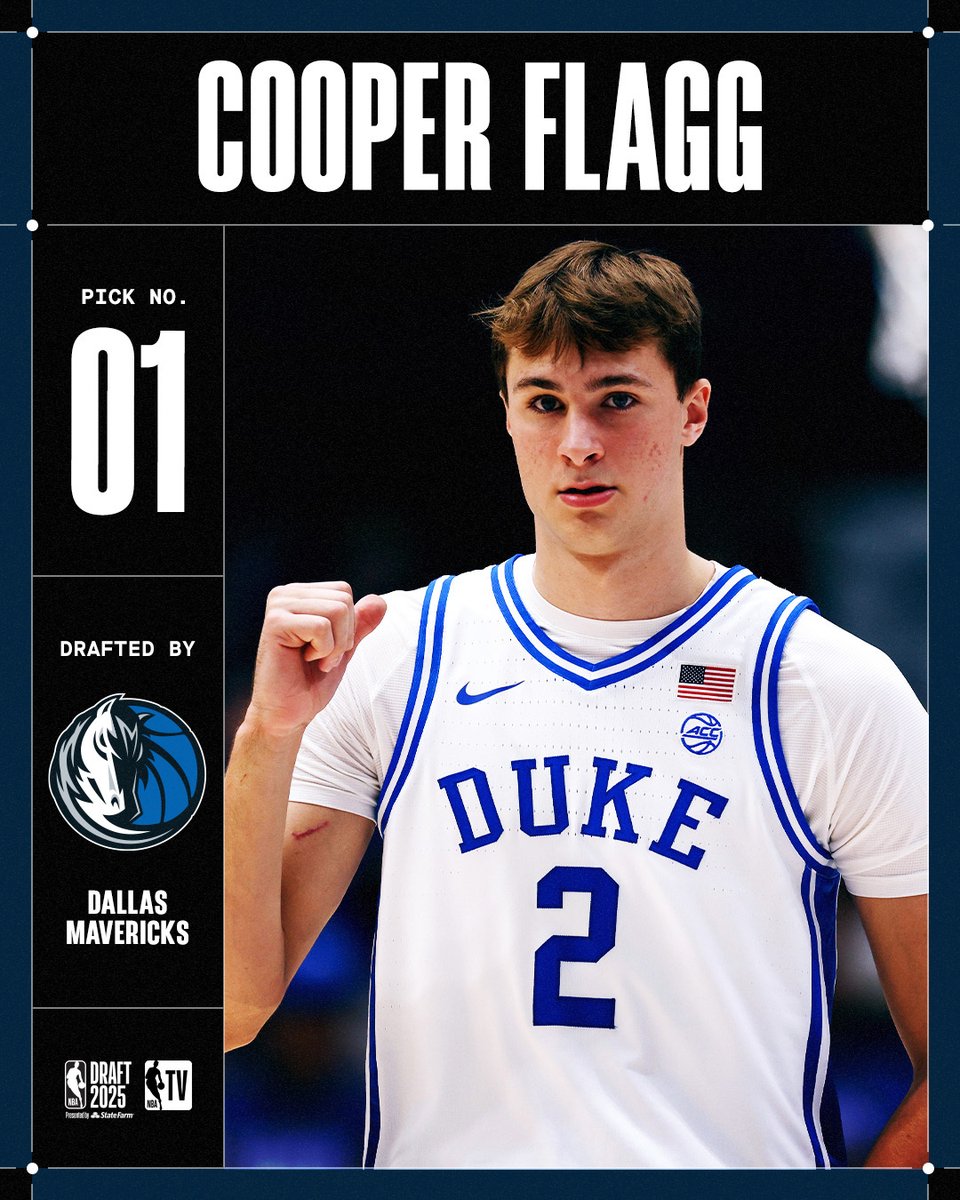 NBA TV (@nbatv) on Twitter photo COOPER LANDS IN DALLAS 🔥
The <a href="/dallasmavs/">Dallas Mavericks</a> take Cooper Flagg with the No. 1 pick in the 2025 #NBADraft! COOPER LANDS IN DALLAS 🔥
The <a href="/dallasmavs/">Dallas Mavericks</a> take Cooper Flagg with the No. 1 pick in the 2025 #NBADraft!