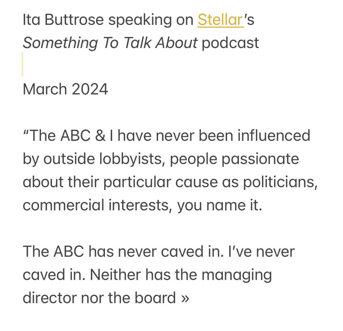 madameshawshank's tweet photo. @lyttle_deb9361 @abcnews @JoshBBornstein @antoinette_news #ItaButtrose could be asked if she stands by this statement.
March 2024
« The ABC & I have never been influenced by outside lobbyists.”
#ABC
#AntoinetteLattouf https://t.co/Ai7w52WNSr