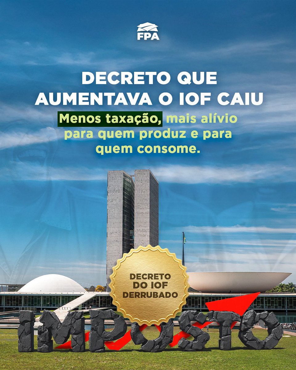 Boa notícia: com apoio da FPA, o decreto que aumentava o IOF foi derrubado! 🙌
⠀
Mais imposto significa mais custo pra quem produz, quem consome, e pra quem já sente o peso da inflação no mercado.
⠀
Não dá mais pra empurrar a conta pro povo.
⠀
Essa vitória mostra que dá, sim,